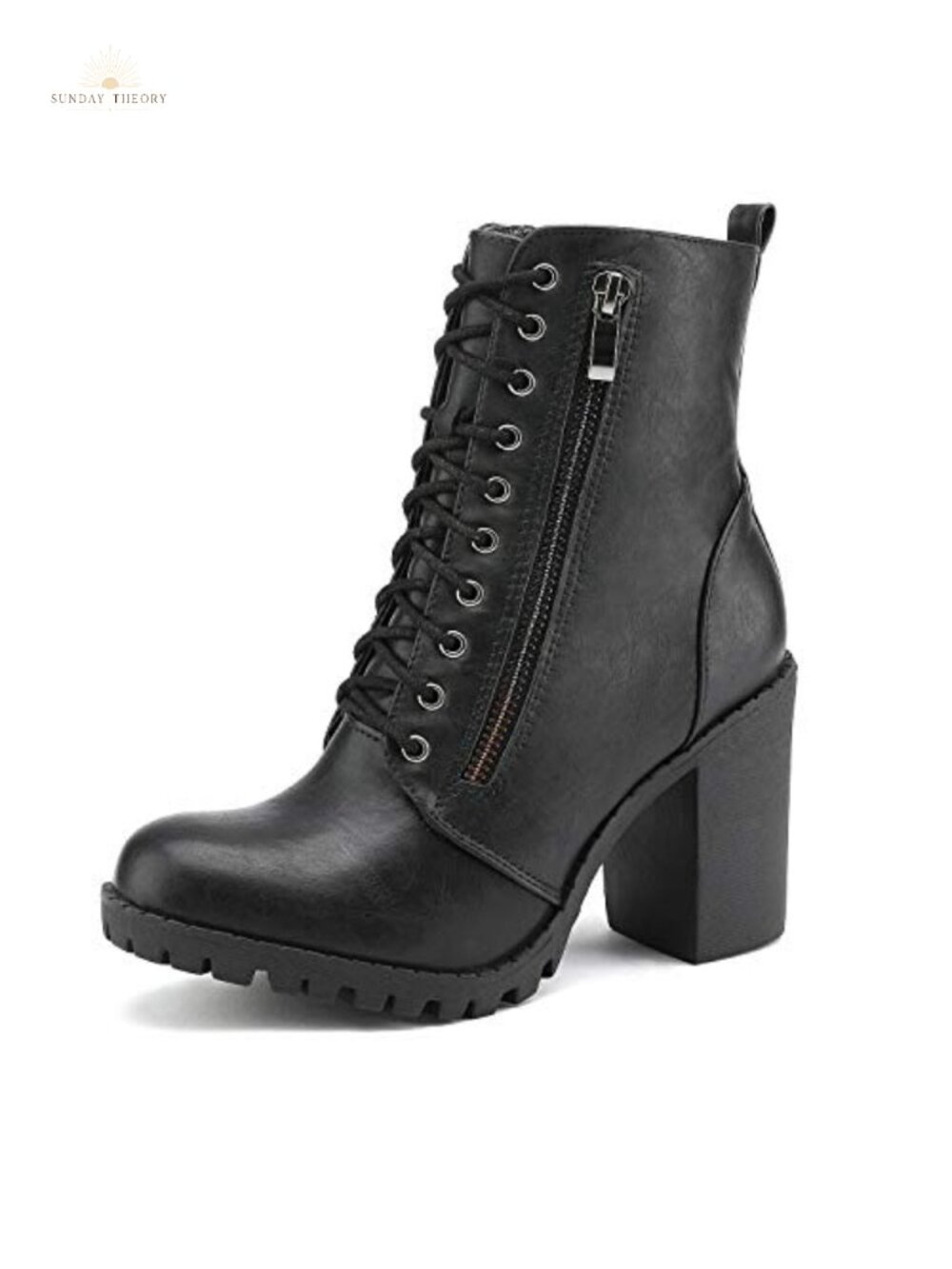 Women's Combat Ankle Booties - Chunky Heel Lace Up Faux Leather Side Zip